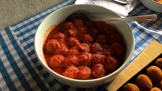 We make meatballs or Polpette in Italian are served with a hearty tomato sauce. 